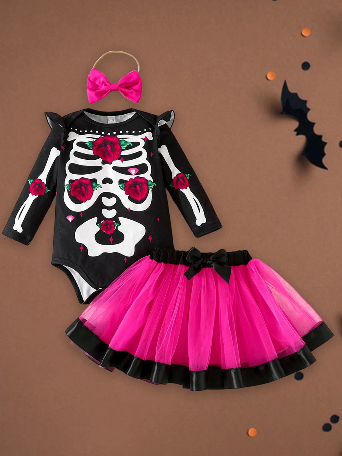 Halloween Baby Girl Skeleton Rose Print Long Sleeve Romper, Tulle Skirt and Matching Bow Headband 3 Pcs Set