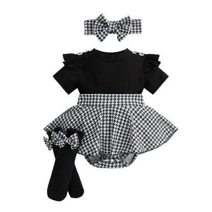 Baby Girls Houndstooth Ribbed Romper Dress with Matching Headband and Knee High 3 PC Set