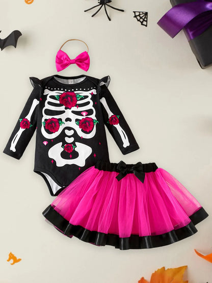 Halloween Baby Girl Skeleton Rose Print Long Sleeve Romper, Tulle Skirt and Matching Bow Headband 3 Pcs Set