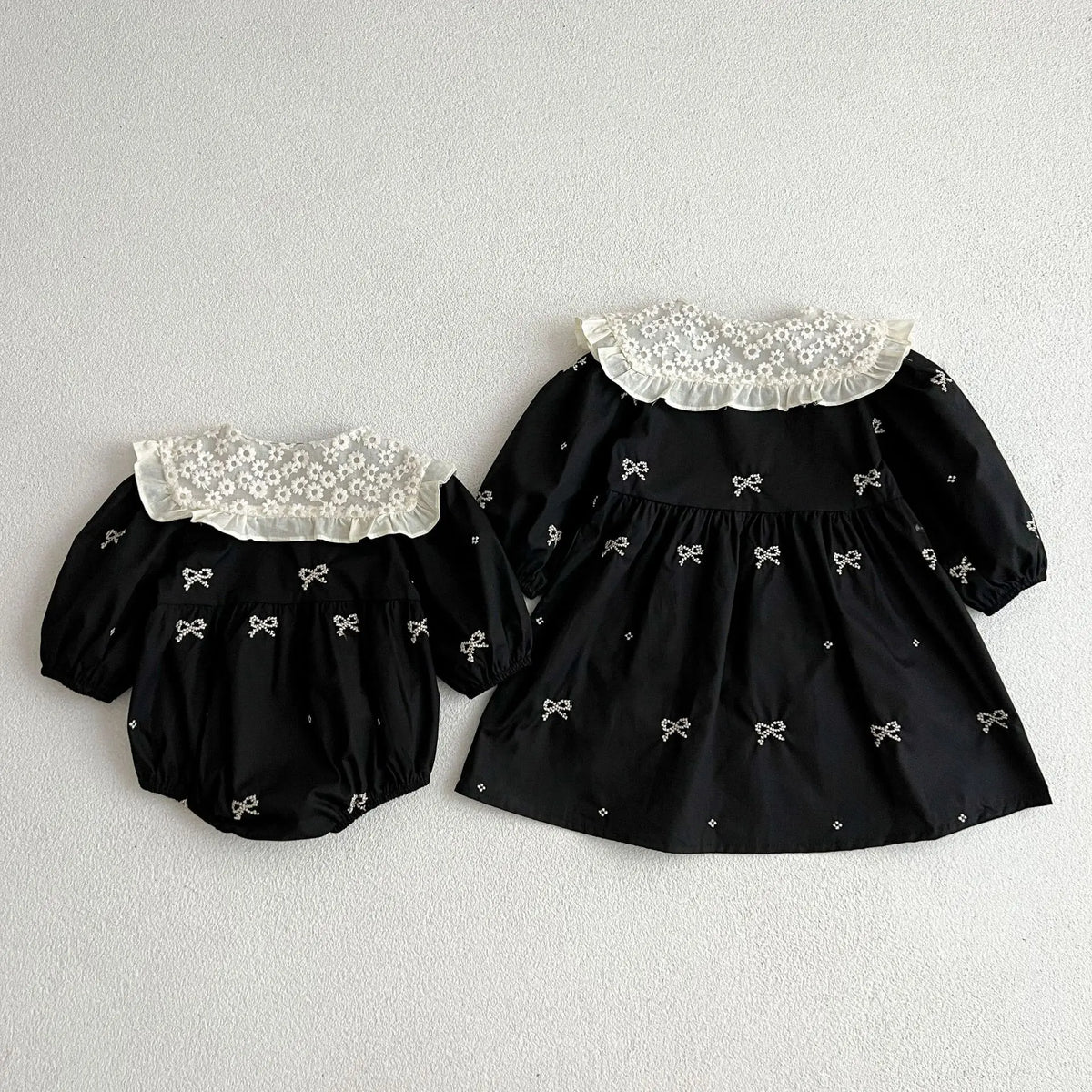 Baby Girls Goth Long Sleeve Bow Embroidered Sisters Romper / Dress
