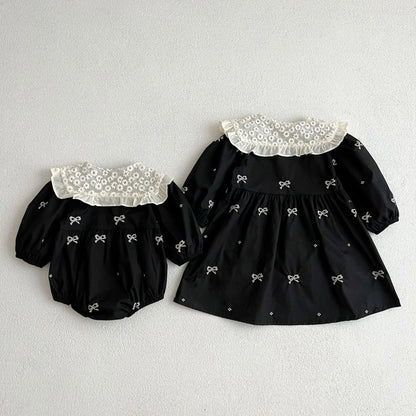 Baby Girls Goth Long Sleeve Bow Embroidered Sisters Romper / Dress