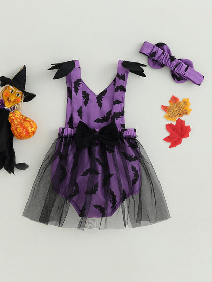 Halloween Baby Girl Bat Print Mesh Romper 2 Piece Outfit