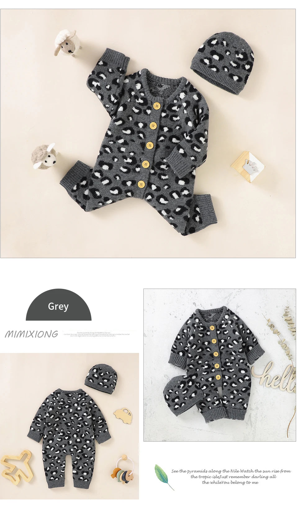 Baby Girl Leopard Knitted Long Sleeve 2 PC Jumpsuit with Matching Hat