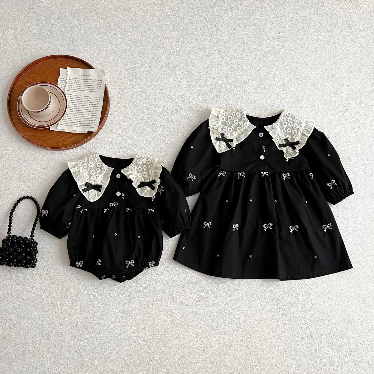 Baby Girls Goth Long Sleeve Bow Embroidered Sisters Romper / Dress