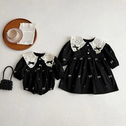 Baby Girls Goth Long Sleeve Bow Embroidered Sisters Romper / Dress