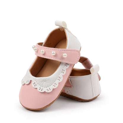 Baby / Newborn Girl Mary Jane Flats with Pearls and Bow Embroidery