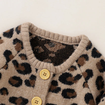 Baby Girl Leopard Knitted Long Sleeve 2 PC Jumpsuit with Matching Hat