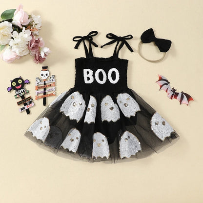 Halloween Infant Baby Girl Sequin Ghosts Jumpsuit w/ Tulle Skirt and Matching Bow Headband