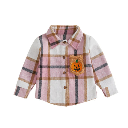Toddler Girls Lightweight Plaid Flannel with Embroidered Pumpkin