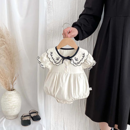 Baby Girl Embroidered Lapel Short Sleeve Triangle Jumpsuit